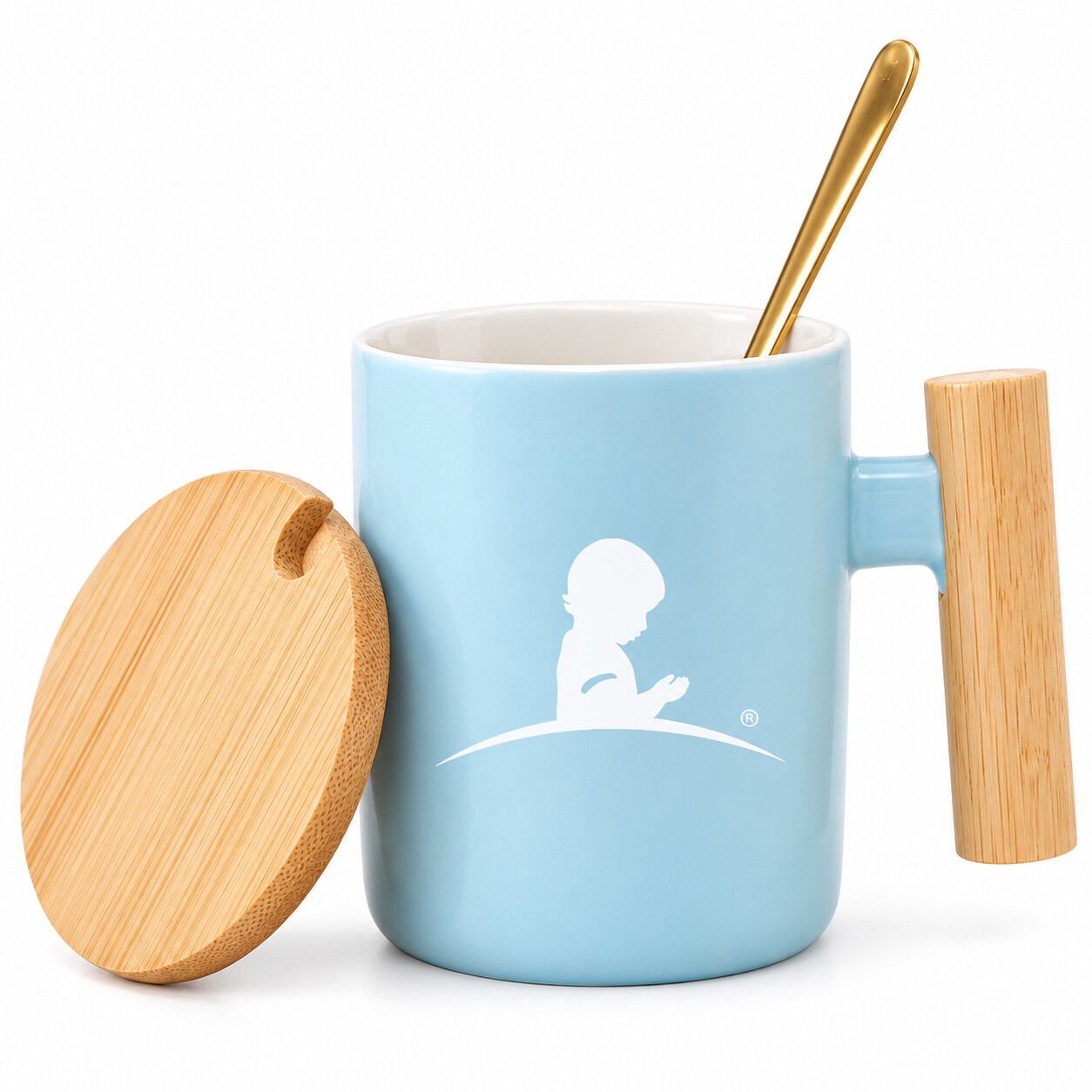 St. Jude Sky Blue Ceramic Mug with Bamboo Handle & Lid – 14 oz